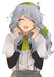 Rule 34 | 10s, 1girl, ^ ^, arm warmers, bow, bowtie, braid, closed eyes, commentary request, green bow, green bowtie, grey hair, hairband, hita (hitapita), kantai collection, long hair, open mouth, school uniform, scrunchie, simple background, single braid, skirt, solo, suspender skirt, suspenders, upper body, wavy hair, white background, yamagumo (kancolle)
