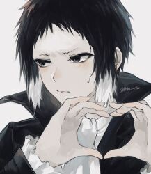 Rule 34 | 1boy, akutagawa ryuunosuke (bungou stray dogs), ascot, black eyes, black hair, black jacket, bungou stray dogs, closed mouth, collared jacket, frown, hands up, heart, heart hands, hiba riko, highres, jacket, looking to the side, male focus, multicolored hair, shirt, short hair, simple background, solo, sweatdrop, two-tone hair, upper body, v-shaped eyebrows, white ascot, white background, white hair, white shirt