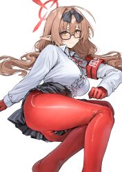 Rule 34 | 1girl, absurdres, aochoku, armband, black skirt, blue archive, blush, breasts, chinatsu (blue archive), collared shirt, dress shirt, glasses, gloves, hairband, halo, highres, large breasts, light brown hair, long hair, long sleeves, looking at viewer, low twintails, pantyhose, pleated skirt, pointy ears, red gloves, red pantyhose, shirt, skirt, solo, thighs, twintails, white shirt, yellow eyes
