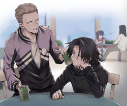 Rule 34 | . ., 1girl, 3boys, alternate costume, black hair, brown hair, can, can to cheek, chair, commentary request, day, feitan portor, hand on own face, highres, holding, holding can, hunter x hunter, jacket, long hair, machi komacine, multiple boys, no eyebrows, nobunaga hazama, nora gates, official alternate costume, outdoors, phinks magcub, purple hair, short hair, sitting, table