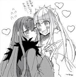 Rule 34 | 2girls, @ @, commentary, fate/grand order, fate (series), flying sweatdrops, fur trim, greyscale, hair between eyes, hair ornament, heart, heart in mouth, holding hands, ichikawa natsuo, interlocked fingers, long hair, long sleeves, looking at another, medb (fate), monochrome, multiple girls, no nose, open mouth, scathach (fate), scathach skadi (fate), sketch, tiara, translation request, upper body, white background, wide sleeves, yuri