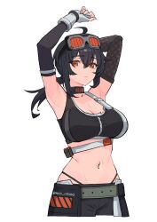 1girl ahoge arm_behind_back armpits arms_up bare_shoulders black_hair black_panties black_pants breasts choker cleavage closed_mouth commentary detached_sleeves english_commentary eyewear_on_head fingerless_gloves fingernails gloves goggles goggles_on_head grace_howard hair_between_eyes highres kuso_otoko large_breasts light_blush long_fingernails long_hair looking_at_viewer midriff navel orange_eyes panties pants simple_background solo sweat thong twitter_username underwear whale_tail_(clothing) white_background white_gloves zenless_zone_zero zipper