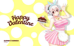 Rule 34 | 1girl, apron, bandana, blouse, blush, breasts, cake, character name, cherry, chocolate, chocolate cake, cream, food, fruit, happy valentine, headphones, highres, huge breasts, jewelry, looking at viewer, necklace, nitroplus, official art, official wallpaper, pastry, pink hair, plate, red eyes, shirt, simple background, skirt, sleeveless, solo, striped clothes, striped shirt, striped skirt, super sonico, tsuji santa, valentine, vertical-striped clothes, vertical-striped skirt, waist apron, waitress, whipped cream