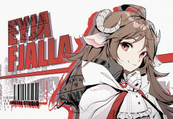 Rule 34 | 1girl, animal ears, arknights, bad id, bad pixiv id, barcode, brown hair, cape, character name, closed mouth, ear protection, eyjafjalla (arknights), frilled shirt collar, frills, horns, jacknavy, long hair, looking at viewer, purple eyes, sheep ears, sheep girl, sheep horns, smile, solo, upper body, white cape
