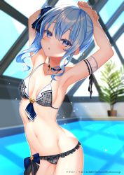 Rule 34 | 1girl, arched back, arm strap, armpits, arms up, bare shoulders, bikini, blue hair, blurry, breasts, choker, collarbone, cowboy shot, day, depth of field, earrings, frilled bikini, frills, front-tie bikini top, front-tie top, grey bikini, groin, hair ribbon, highres, hololive, hoshimachi suisei, hoshimachi suisei (1st costume), indoors, jewelry, long hair, looking at viewer, navel, parted lips, plaid, plaid bikini, pool, purple eyes, rei no pool, ribbon, side ponytail, small breasts, solo, standing, stomach, swimsuit, teltelhousi, thighs, virtual youtuber