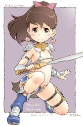 Rule 34 | 10s, 1girl, armor, artist name, bikini armor, blush, boots, brown eyes, brown hair, character name, copyright name, dated, earrings, frown, heart, heart earrings, high ponytail, highres, jewelry, jibanyan, kodama fumika, long hair, looking at viewer, navel, on one knee, partially visible vulva, romaji text, sekihan, solo, sword, weapon, whisper (youkai watch), youkai watch