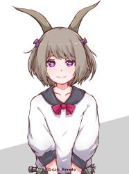 Rule 34 | 1girl, artist name, bow, bowtie, brown hair, collarbone, commentary request, disco brando, goat girl, goat horns, hair bow, highres, horizontal pupils, horns, looking at viewer, mace, original, purple eyes, short hair, simple background, solo, twitter username, upper body, weapon, white background
