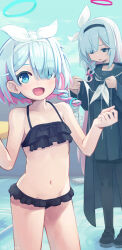 Rule 34 | 2girls, :d, arona (blue archive), bikini, black bikini, black choker, black coat, black eyes, black footwear, black hairband, black pantyhose, black sailor collar, black serafuku, black shirt, black skirt, blue archive, blue eyes, blue hair, blue halo, blunt bangs, blush, bow hairband, braid, breasts, choker, coat, collarbone, colored inner hair, commentary request, eyes visible through hair, frilled bikini, frills, hair over one eye, hair ribbon, hairband, halo, halterneck, highres, j.h j.h, light blue hair, long sleeves, looking at viewer, miniskirt, multicolored hair, multiple girls, navel, neckerchief, open mouth, pantyhose, parted lips, pink hair, pink halo, plana (blue archive), pleated skirt, red pupils, ribbon, sailor collar, sailor shirt, school uniform, serafuku, shirt, side braid, single braid, skirt, small breasts, smile, standing, stomach, sweatdrop, swimsuit, two-tone hair, white hair, white hairband, white neckerchief, white ribbon
