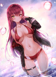 Rule 34 | 1girl, absurdres, arm at side, bikini, black jacket, blush, breasts, bubble, closed mouth, collarbone, commentary request, cowboy shot, earrings, gluteal fold, halterneck, hand up, heart, heart necklace, heterochromia, highres, holding, holding own hair, hololive, houshou marine, houshou marine (summer), ijac ray, jacket, jewelry, large breasts, long hair, long sleeves, looking at viewer, navel, necklace, o-ring, o-ring thigh strap, off shoulder, red bikini, red eyes, red hair, smile, solo, standing, stomach, string bikini, swimsuit, thigh strap, very long hair, virtual youtuber, wading, water, wet, wet clothes, wet swimsuit, yellow eyes