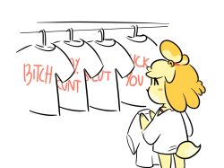 Rule 34 | 1girl, animal crossing, bell, clothes, clothes writing, commentary, dog girl, english commentary, english text, from behind, hair bell, hair ornament, holding, holding clothes, holding shirt, isabelle (animal crossing), meme, mhuyo, nintendo, profanity, shirt, short sleeves, simple background, solo, standing, white background