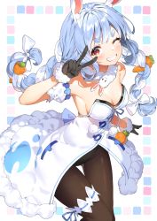 Rule 34 | 1girl, akae neo, animal ear fluff, animal ears, bare shoulders, black gloves, black leotard, blue hair, blush, bow, braid, breasts, brown pantyhose, carrot hair ornament, cleavage, commentary request, don-chan (usada pekora), dress, food-themed hair ornament, fur-trimmed dress, fur-trimmed gloves, fur trim, gloves, grin, hair bow, hair ornament, highres, hololive, leotard, long hair, looking at viewer, medium breasts, multicolored hair, one eye closed, pantyhose, rabbit ears, red eyes, short eyebrows, smile, strapless, strapless dress, strapless leotard, teeth, thick eyebrows, twin braids, twintails, two-tone hair, usada pekora, usada pekora (1st costume), v, v over eye, virtual youtuber, white bow, white dress, white hair