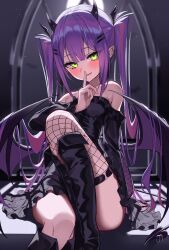 Rule 34 | 1girl, bare shoulders, black dress, black footwear, black wings, blush, boots, demon horns, demon tail, demon wings, dress, ear piercing, fang, finger to mouth, fishnet thighhighs, fishnets, frilled dress, frills, green eyes, hair ornament, hairclip, highres, hololive, horns, knee boots, long hair, long sleeves, looking at viewer, multicolored hair, off shoulder, open mouth, osechi (pixiv56606477), piercing, pink hair, pointy ears, purple hair, shushing, sidelocks, solo, streaked hair, tail, thighhighs, tokoyami towa, twintails, virtual youtuber, wings