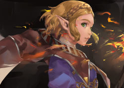 Rule 34 | 1girl, blazpu, blonde hair, blue tunic, braid, brown cape, cape, crown braid, forehead, from side, green eyes, highres, lips, nintendo, nose, parted bangs, pointy ears, princess zelda, short hair, sidelocks, solo, the legend of zelda, the legend of zelda: breath of the wild, the legend of zelda: tears of the kingdom, thick eyebrows, upper body, wind, wind lift