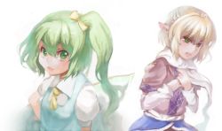 Rule 34 | 2girls, :d, bad id, bad pixiv id, blonde hair, blush, daiyousei, embodiment of scarlet devil, fairy, fairy wings, female focus, green eyes, green hair, mamepon, mizuhashi parsee, multiple girls, open mouth, pointy ears, short hair, simple background, smile, touhou, upper body, white background, wings