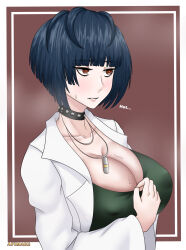Rule 34 | 1girl, afimaki, blue hair, blush, breasts, choker, cleavage, covered erect nipples, female focus, highres, huge breasts, jewelry, lab coat, large breasts, pendant, persona, persona 5, red eyes, short hair, solo, steam, sweat, takemi tae, upper body