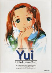 Rule 34 | 1990s (style), 1girl, blush, bow, bowtie, breasts, character name, chikanaga sanae, english text, engrish text, frown, green eyes, hair ornament, head rest, little lovers, little lovers 2nd., long hair, looking at viewer, official art, plaid, ranguage, red hair, retro artstyle, school uniform, serafuku, shirt, simple background, small breasts, solo, twintails, upper body, white background, yui (little lovers)