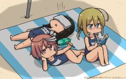 Rule 34 | 3girls, ahoge, beach umbrella, black hair, blonde hair, blue one-piece swimsuit, blunt bangs, book, commentary request, dated, full body, green eyes, hair ornament, hamu koutarou, hand fan, hatsuyuki (kancolle), highres, i-58 (kancolle), i-8 (kancolle), kantai collection, long hair, low twintails, multiple girls, name tag, one-hour drawing challenge, one-piece swimsuit, pink eyes, pink hair, reading, red-framed eyewear, sand, school swimsuit, shade, short hair, sitting, swimsuit, swimsuit under clothes, towel, towel on head, transparent background, twintails, umbrella