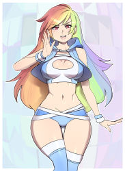 Rule 34 | 1girl, breasts, cleavage, collaboration, cropped jacket, highres, hood, looking at viewer, maniacpaint, multicolored hair, my little pony, my little pony: friendship is magic, oddmachine, personification, rainbow dash, thighhighs