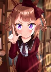 Rule 34 | 1girl, absurdres, akanehiiro, animal ears, arms behind back, blush, bookshelf, breasts, brown hair, casual, closed mouth, commentary request, hair rings, headband, highres, horse girl, lens flare, library, pointing, ribbon, small breasts, smile, solo, sweep tosho (umamusume), twintails, umamusume