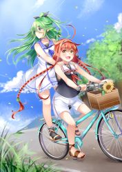 Rule 34 | 2girls, :d, adapted costume, ahoge, bare arms, bare shoulders, bicycle, bicycle basket, black legwear, black ribbon, black shirt, blue neckerchief, blue sailor collar, blue sky, blush, braid, brown eyes, cloud, commentary request, day, dress, fang, flower, green eyes, green hair, hair between eyes, hair flaps, hair ornament, hair ribbon, hairband, highres, kantai collection, kawakaze (kancolle), long hair, looking at viewer, looking away, looking to the side, low twintails, mashiro aa, multiple girls, multiple riders, neckerchief, open mouth, outdoors, petals, red hair, ribbon, sailor collar, sailor dress, shirt, short shorts, shorts, sky, sleeveless, sleeveless dress, sleeveless shirt, smile, socks, standing, sunflower, twin braids, twintails, very long hair, white dress, white hairband, white sailor collar, white shorts, yamakaze (kancolle), yellow flower