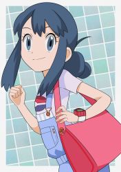 Rule 34 | 1girl, bag, black hair, border, buttons, clenched hand, closed mouth, commentary request, creatures (company), dawn (pokemon), eyelashes, game freak, grey eyes, hainchu, handbag, highres, long hair, looking to the side, nintendo, outside border, overalls, pokemon, pokemon bdsp, poketch, purple shirt, shirt, short sleeves, sidelocks, smile, solo, split mouth, suspenders, upper body, watch, white border, wristwatch