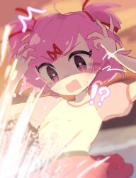 Rule 34 | !?, 1girl, ^^^, anzen robo (474zz), arms up, artist name, blurry, blurry background, bright pupils, commentary request, doki doki literature club, explosion, fang, hair ornament, hair ribbon, highres, natsuki (doki doki literature club), open mouth, pink eyes, pink hair, pink skirt, pink sleeves, pleated skirt, puffy short sleeves, puffy sleeves, red ribbon, ribbon, shaded face, shirt, shirt tucked in, short hair, short sleeves, sidelocks, skin fang, skirt, solo, sweat, swept bangs, t-shirt, twitter username, two side up, v-shaped eyebrows, white pupils, white shirt, x hair ornament
