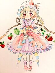 Rule 34 | 1girl, ascot, bat wings, blonde hair, crystal, flandre scarlet, food, fruit, full body, hat, hat ribbon, highres, hiyuu (hiyualice), mob cap, multicolored wings, one side up, puffy short sleeves, puffy sleeves, red eyes, red skirt, red vest, ribbon, short sleeves, side ponytail, skirt, skirt set, solo, star (symbol), touhou, traditional media, vest, white hat, wings, yellow ascot