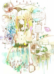 Rule 34 | 1girl, abstract, blonde hair, closed mouth, commentary request, cup, dress, flower, happy birthday, holding, holding cup, long hair, mits (mits32), mug, original, paper, plant, puffy short sleeves, puffy sleeves, rain, saturn (planet), short sleeves, sidelocks, sign, solo, sprout, umbrella, water drop, white background, window