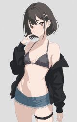Rule 34 | 1girl, absurdres, bare shoulders, bikini, bikini top only, black hair, black jacket, blush, breasts, buttons, closed mouth, collarbone, commentary, hair ornament, hand up, highres, jacket, looking at viewer, navel, off shoulder, open clothes, open jacket, original, red eyes, scalari126, short hair, short shorts, shorts, simple background, small breasts, solo, stomach, swimsuit, thigh strap, x hair ornament