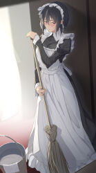 Rule 34 | 1girl, absurdres, apron, black dress, black hair, blush, broom, bucket, dress, frilled apron, frills, highres, holding, holding broom, long hair, long sleeves, looking at viewer, maid, maid apron, maid headdress, original, pallad, red eyes, shirogane sumire (pallad), solo, standing