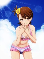 Rule 34 | 1girl, bare shoulders, bikini, blue sky, blush, breasts, brown eyes, brown hair, closed mouth, cloud, collarbone, cowboy shot, dot nose, flower, frilled bikini, frills, futami ami, hair flower, hair ornament, hands up, highres, idolmaster, idolmaster (classic), idolmaster million live!, idolmaster million live! theater days, leaning forward, lens flare, looking at viewer, matcha kingyo, nail polish, navel, open hands, pink bikini, pink nails, shell, shell bikini, short hair, side ponytail, sky, small breasts, smile, solo, standing, sun, sunlight, swimsuit, v-shaped eyebrows, wet, yellow flower