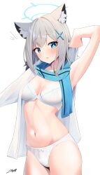 Rule 34 | 1girl, absurdres, akinoji (akiponpon27), animal ear fluff, animal ears, arm up, armpits, blue archive, blue eyes, blue halo, blue scarf, blush, bra, breasts, cleavage, commentary request, cowboy shot, cross, cross hair ornament, grey hair, hair ornament, halo, highres, inverted cross, looking at viewer, medium breasts, mismatched pupils, navel, open mouth, panties, scarf, shiroko (blue archive), shirt, shirt partially removed, short hair, simple background, solo, stomach, underwear, undressing, white background, white bra, white panties, white shirt, wolf ears, wolf girl