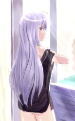 Rule 34 | 10s, 1girl, ass, black shirt, bottomless, brown eyes, dress shirt, from behind, highres, isla (plastic memories), long hair, looking at viewer, off shoulder, plastic memories, purple hair, shangshan huiliyi, shirt, silver hair, solo