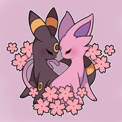 Rule 34 | absurdres, artist name, blush, cherry blossoms, creatures (company), espeon, closed eyes, forehead-to-forehead, from side, game freak, gen 2 pokemon, heads together, highres, nintendo, no humans, outline, pink background, pink theme, pokemon, pokemon (creature), sevi (seviyummy), umbreon, watermark, white outline
