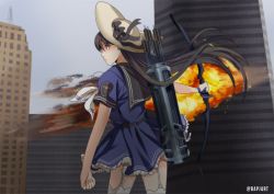 Rule 34 | 1girl, alternate weapon, artist request, avengers (series), beta (joutarou), black hair, blue dress, blue ribbon, bow (weapon), brown eyes, commentary, dress, explosion, garter straps, hat, hawkeye (marvel), iowa (pacific), kantai collection, lace, lace-trimmed dress, lace trim, long hair, marvel, name connection, object namesake, pacific (kancolle), parody, pun, quiver, ribbon, sailor dress, sun hat, thighhighs, weapon, wrist ribbon