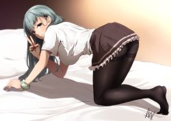 Rule 34 | 1girl, aqua hair, black pantyhose, breasts, brown skirt, frilled skirt, frills, full body, green eyes, grin, hair ornament, hairclip, highres, kantai collection, kneeling, large breasts, long hair, looking at viewer, no shoes, on bed, pantyhose, pleated skirt, scrunchie, shirt, short sleeves, skirt, smile, solo, suzuya (kancolle), tadokoro nurikabe, thighband pantyhose, v, white shirt, wrist scrunchie