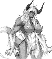 Rule 34 | 1girl, artist request, breasts, claws, female focus, fur, horns, monochrome, monster girl, nipples, nude, simple background, sketch, solo, tail, white background