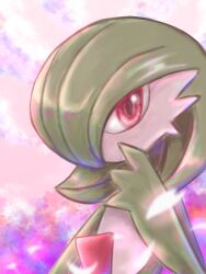 Rule 34 | 1girl, blurry, blurry foreground, bob cut, cloud, colored skin, creatures (company), day, female focus, flat chest, game freak, gardevoir, gen 3 pokemon, green hair, green skin, hair over one eye, hand up, highres, hotaru (hotaru111312), looking at viewer, multicolored skin, nintendo, one eye covered, outdoors, petals, pink background, pink sky, pokemon, pokemon (creature), red eyes, short hair, sky, solo, two-tone skin, upper body, white skin