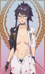 Rule 34 | 1girl, absurdres, black hair, blue eyes, breasts, cigarette, glasses, gloves, highres, indie virtual youtuber, jacket, kson, navel, neon luminous, no bra, open clothes, piercing, ponytail, solo, toned, tongue, tongue out, tongue piercing, unzipped, virtual youtuber