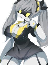 Rule 34 | annoyed, breasts, cleavage, colored skin, formal, glitch productions, grey hair, grey skin, headband, highres, j (murder drones), large breasts, long hair, looking at viewer, mikatsu27, murder drones, navel, panties, robot, robot girl, suit, thick thighs, thighs, twintails, underwear, wide hips, yellow eyes