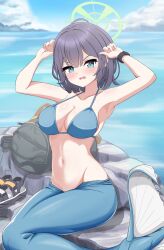 Rule 34 | 1girl, absurdres, arms up, backpack, bag, bikini, blue archive, blue bikini, blue eyes, blue hair, blush, breasts, commentary request, dark blue hair, day, halo, highres, looking at viewer, medium breasts, medium hair, mermaid costume, monofin, navel, no headwear, ocean, official alternate costume, outdoors, parted lips, poorunii, rock, saki (blue archive), saki (swimsuit) (blue archive), sitting, solo, stomach, swimsuit, variant set, watch, wristwatch