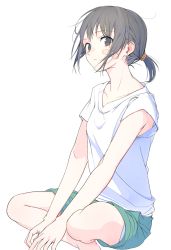 Rule 34 | 1girl, armpit peek, aspara, bandaid, bandaid on face, bare legs, barefoot, black hair, commentary request, green shorts, indian style, looking at viewer, original, ponytail, shirt, short hair, short ponytail, shorts, simple background, sitting, solo, t-shirt, white background, white shirt