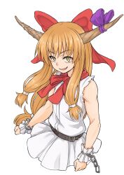 Rule 34 | 1girl, bow, brown eyes, brown hair, commentary, cuffs, fang, hair bow, highres, horn ornament, horn ribbon, horns, ibuki suika, kakone, long hair, looking at viewer, low-tied long hair, open mouth, purple ribbon, red bow, ribbon, shackles, shirt, simple background, sleeveless, sleeveless shirt, slit pupils, solo, torn clothes, torn shirt, touhou, upper body, white background, wrist cuffs