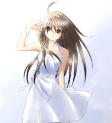 Rule 34 | 1girl, ahoge, apron, bangle, bracelet, breasts, brown eyes, brown hair, copyright request, feet out of frame, female focus, gradient background, jewelry, long hair, looking at viewer, matching hair/eyes, medium breasts, naked apron, solo, source request, tsukishiro saika, very long hair