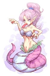 Rule 34 | 1girl, breasts, chrono trigger, cleavage, highres, hoshibuchi, lamia, long hair, mianne, monster girl, navel, pink hair, pointy ears, ponytail, purple eyes, simple background, solo, tail, tongue, tongue out