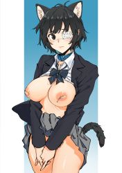 Rule 34 | 1girl, absurdres, animal ear fluff, animal ears, bad id, bad pixiv id, bandaid, bandaids on nipples, black eyes, black hair, black neckwear, blue collar, blush, bow, bowtie, breasts, breasts out, cat ears, cat girl, cat tail, closed mouth, collar, covering crotch, covering privates, eyepatch, gradient background, grey skirt, highres, kr ohoshisama, large breasts, mole, mole under eye, nipples, original, pasties, short hair, skirt, solo, striped bow, striped bowtie, striped clothes, striped neckwear, sweat, tail, tearing up