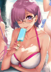 Rule 34 | 3girls, :p, absurdres, artoria pendragon (all), artoria pendragon (fate), artoria pendragon (swimsuit archer) (fate), artoria pendragon (swimsuit archer) (first ascension) (fate), ass, bare shoulders, beach, bikini, black-framed eyewear, blush, breasts, cleavage, collarbone, dappled sunlight, day, dress, eating, fate/grand order, fate (series), food, glasses, hair over one eye, halterneck, hand up, highres, holding, holding food, knatb, large breasts, long hair, looking at viewer, mash kyrielight, mash kyrielight (swimsuit of perpetual summer), multiple girls, official alternate costume, one-piece swimsuit, out of frame, outdoors, popsicle, purple bikini, purple eyes, purple hair, saber (fate), sasaoka gungu (style), scathach (fate), scathach (fate/grand order), scathach (swimsuit assassin) (fate), short hair, sitting, solo focus, sunlight, swimsuit, tongue, tongue out, tree, tsurime, white bikini, white dress, white one-piece swimsuit