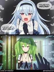 Rule 34 | 2girls, blue hair, breasts, camouflage, cleavage, crying, crying with eyes open, djmax, djmax respect, english text, girls&#039; frontline, gloves, green hair, hairband, highres, jewelry, m950a (girls&#039; frontline), multiple girls, necklace, reaching, reaching towards viewer, rynzfrancis, sad smile, speech bubble, tears, thunder (girls&#039; frontline)