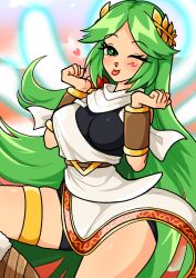 Rule 34 | 1girl, armband, blush, breasts, clenched hands, cosplay, green eyes, green hair, heart, highres, kid icarus, large breasts, laurel crown, long hair, looking at viewer, nintendo, one eye closed, palutena, pit (kid icarus), pit (kid icarus) (cosplay), raranuki, sky, tongue, tongue out, twitter username, very long hair
