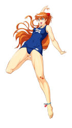 Rule 34 | 1girl, barefoot, blue eyes, breasts, full body, hair ornament, interface headset, jeibii, jumping, long hair, looking to the side, medium breasts, navel, neon genesis evangelion, one-piece swimsuit, orange hair, school swimsuit, shiny skin, simple background, solo, souryuu asuka langley, swimsuit, very long hair, white background